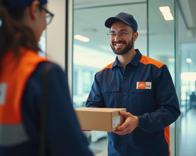 Professional JAC PRO delivery driver delivering a package to a Silver Spring business office
