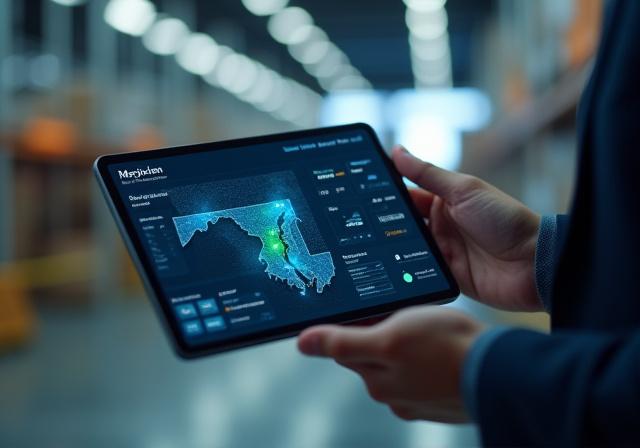 Logistics professional using a tablet displaying real-time GPS tracking and route optimization data