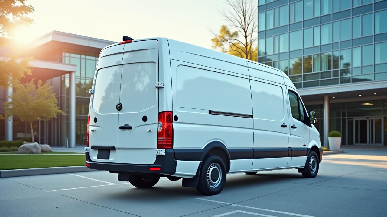 A clean, white JAC PRO medical transport vehicle parked in front of a modern silver spring healthcare facility entrance.