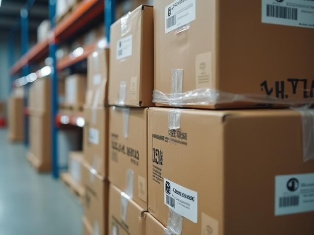 A organized pallet of surgical medical equipment and supply boxes in a professional logistics environment.