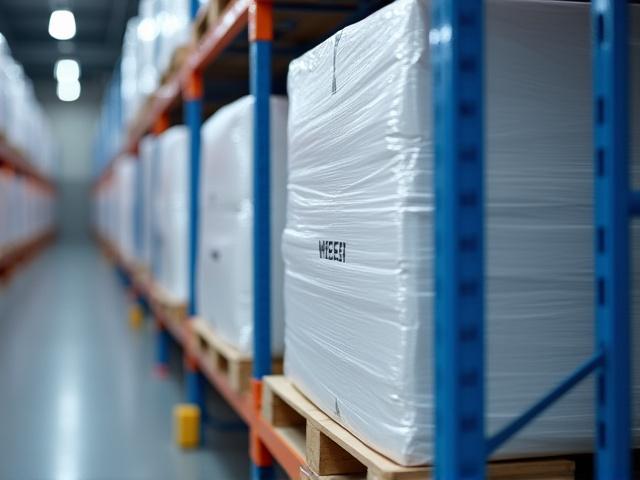 Organized warehouse racks with neatly wrapped pallets in a JAC PRO facility