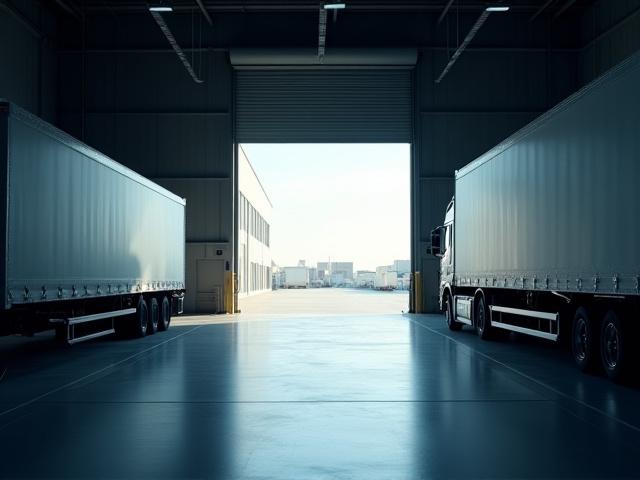 Cross-docking operations showing cargo transfer between trucks at shipping docks